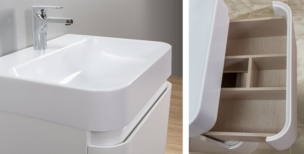 Изящный дизайн подвесной тумбы с двумя удобными и вместительными ящиками будет прекрасным украшением любой ванной. 